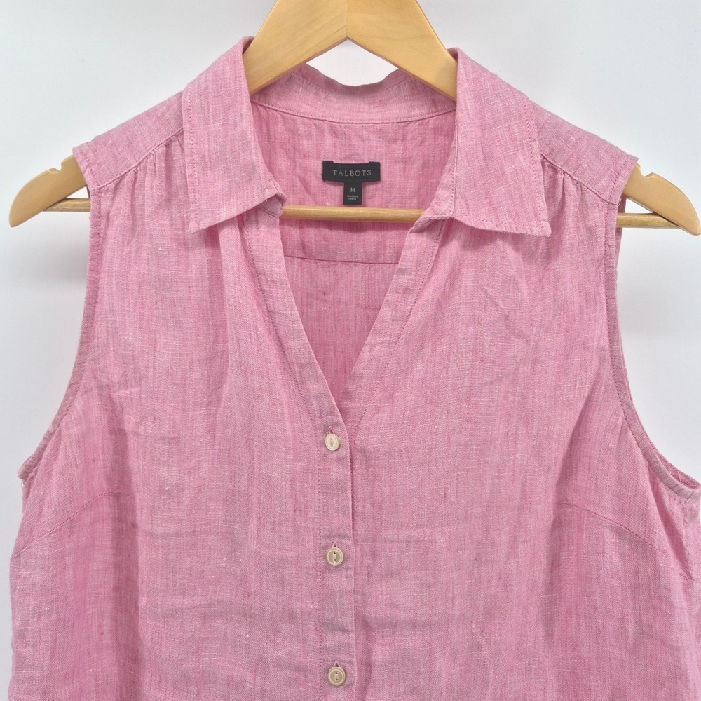 Talbots Pink 100%‎ Linen Sleeveless Button-Front Tie-Hem Top Women's Medium - Picture 3 of 9